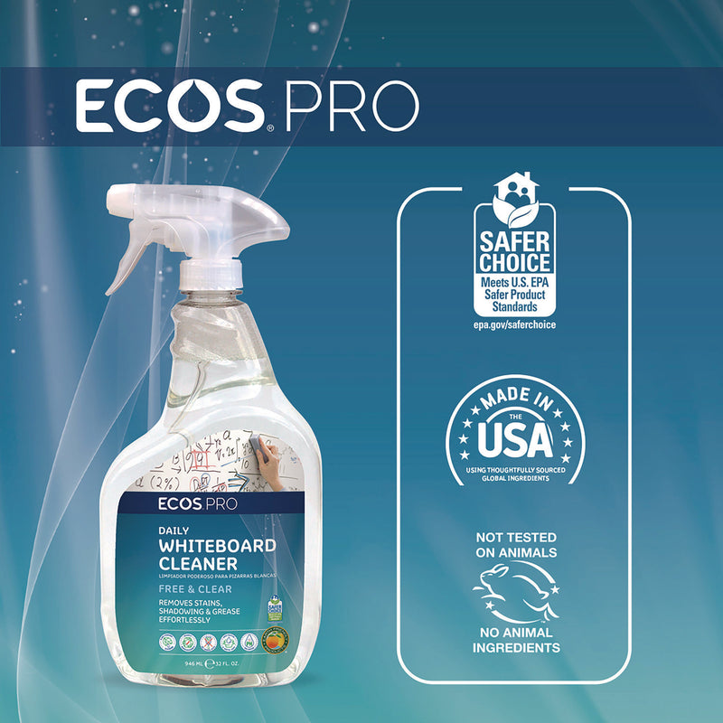 ECOS® PRO Daily Whiteboard Cleaner, Free and Clear, 32 oz Spray Bottle, 6/Carton (EOPPL98696CT) Case of 6