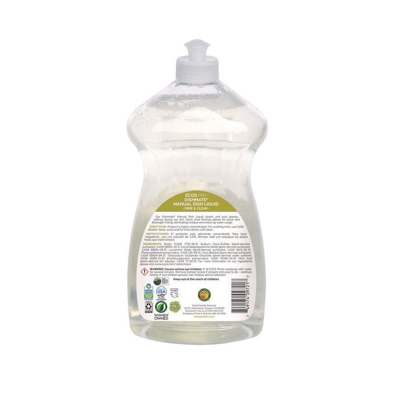 ECOS® PRO Dishmate Manual Dish Liquid, Free and Clear, 25 oz Squeeze Bottle, 6/Carton (EOPPL97216CT) Case of 6