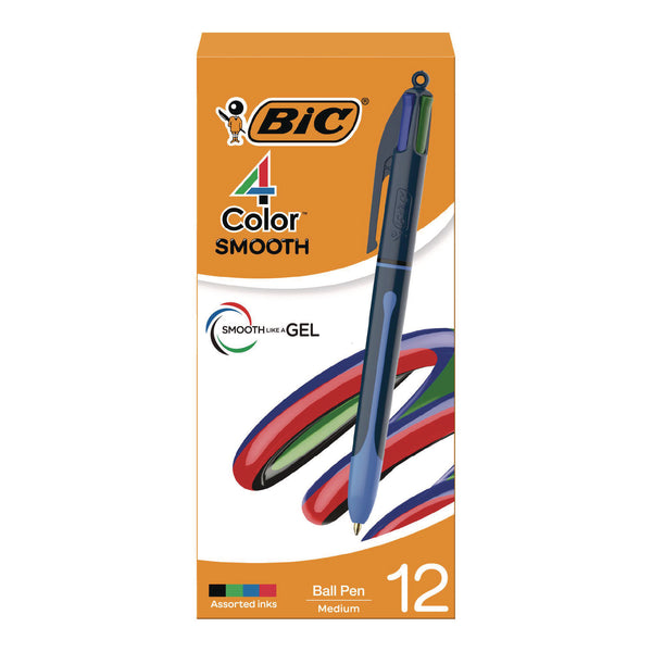 BIC® 4-Color Smooth Multi-Color Ballpoint Pen, Retractable, Medium 1 mm, Black/Blue/Green/Red Ink, Black/Blue Barrel, 12/Pack (BICMMS11AAST) Pack of 12