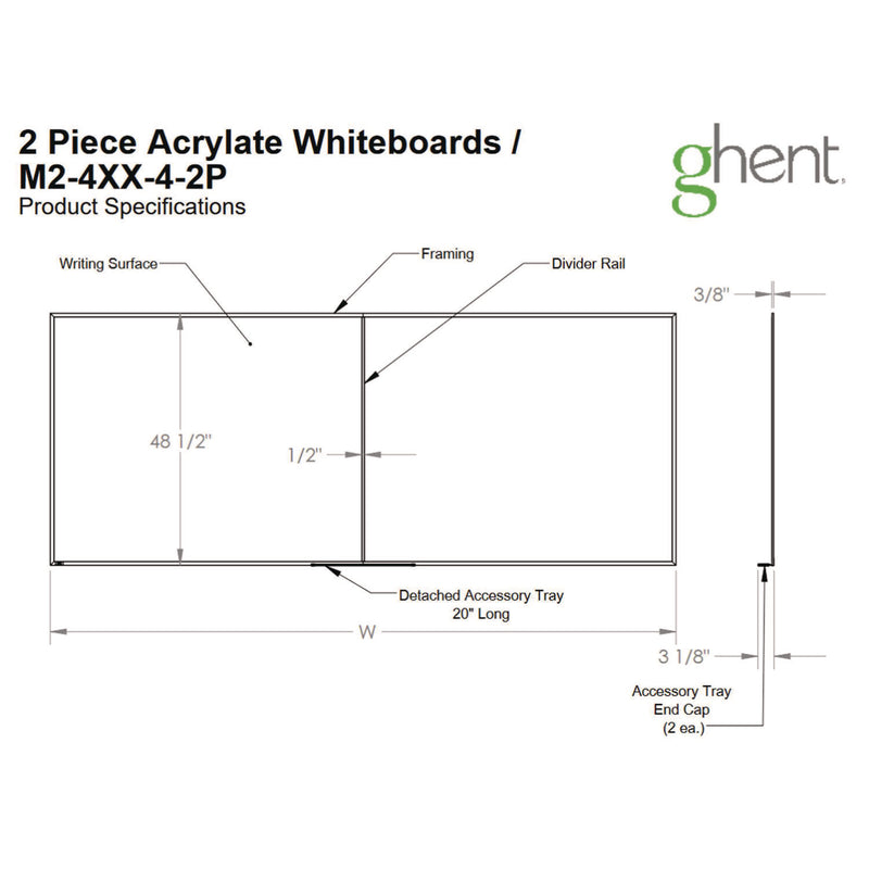 Ghent Two-Piece M2 Non-Magnetic Whiteboard with Aluminum Frame, 144.5" x 48.5", White Surface, Satin Aluminum Frame (GHEM241242P) Each