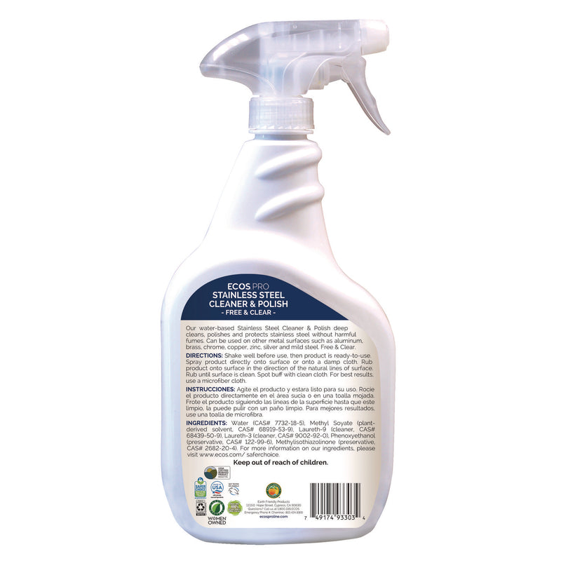 ECOS® PRO Stainless Steel Cleaner and Polish, Free and Clear Scent, 32 oz Spray Bottle, 6/Carton (EOPPL93306CT) Case of 6