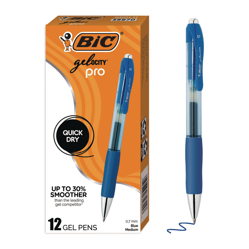 BIC® Gel-ocity Pro Quick Dry Gel Pen, Retractable, Medium 0.7 mm, Blue Ink, Blue/Clear Barrel, 12/Pack (BICRPGL11BLU) Pack of 12