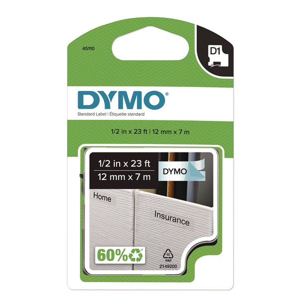 DYMO® D1 Standard Labels, 0.50" x 23 ft, Black Print on Clear Tape (DYM45110) Each