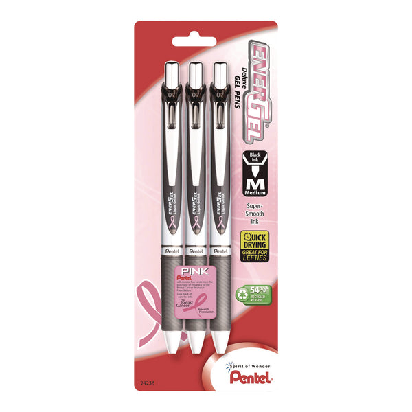 EnerGel RTX Deluxe Gel Pen, Retractable, Medium 0.7 mm, Black Ink, Black Barrel, 3/Pack (PENBL77ABP3ABC) Pack of 3