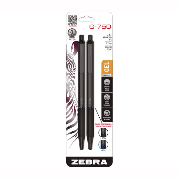 Zebra® G-750 Gel Pen, Retractable, Medium 0.7 mm, Black; Blue Ink, Black Barrel, 2/Pack (ZEB49802) Pack of 2