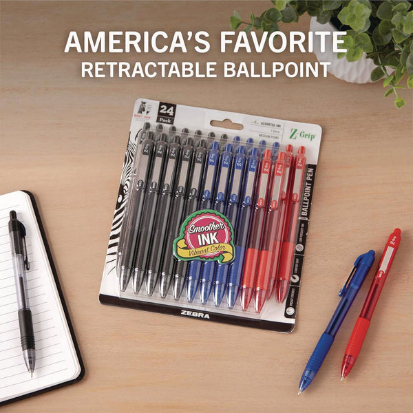 Zebra Z-Grip Ballpoint Pen, Retractable, Medium 1 mm, Assorted Ink and Barrel Colors, 24/Pack (ZEB12224) Pack of 24