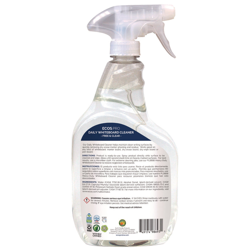 ECOS® PRO Daily Whiteboard Cleaner, Free and Clear, 32 oz Spray Bottle, 6/Carton (EOPPL98696CT) Case of 6