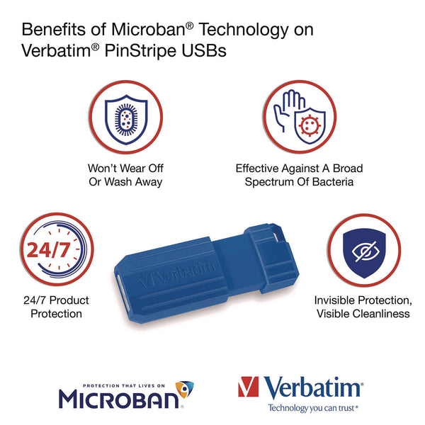 Verbatim® PinStripe USB 3.2 Flash Drive, 32 GB, Assorted Colors, 5/Pack (VER70055) Pack of 5