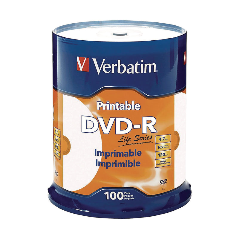 Verbatim® DVD-R LifeSeries Inkjet Printable Disc, 4.7 GB, 16x, Spindle, White, 100/Pack (VER98491) Each