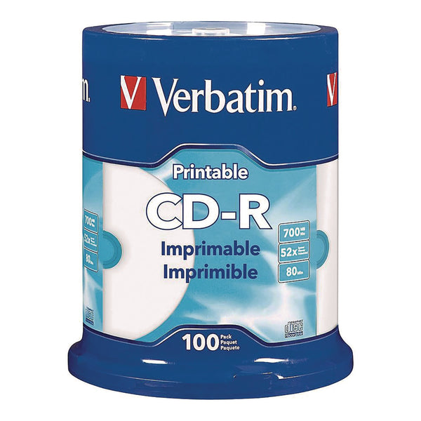 Verbatim® CD-R Printable Recordable Disc, 700 MB/80 min, 52x, Spindle, White, 100/Pack (VER98493) Each