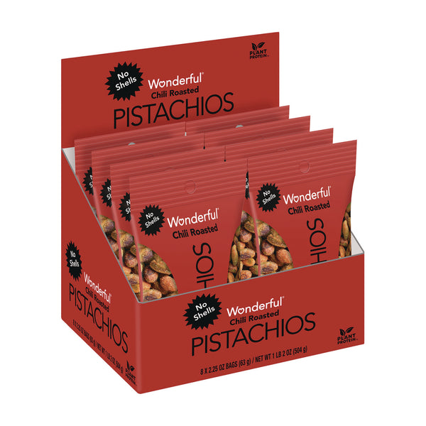 Wonderful® No Shells, Chili Roasted Pistachios, 2.25 oz Packet, 8 Packets/Box, 3 Boxes/Carton (WONPAR91087) Each