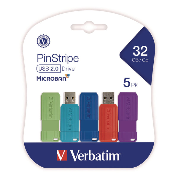 Verbatim® PinStripe USB 3.2 Flash Drive, 32 GB, Assorted Colors, 5/Pack (VER70055) Pack of 5