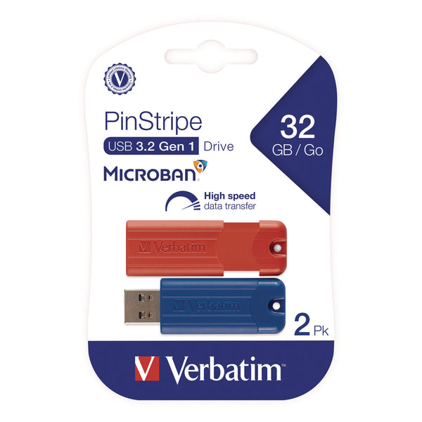 Verbatim® PinStripe USB 3.2 Flash Drive, 32 GB, Blue/Red, 2/Pack (VER70056) Each