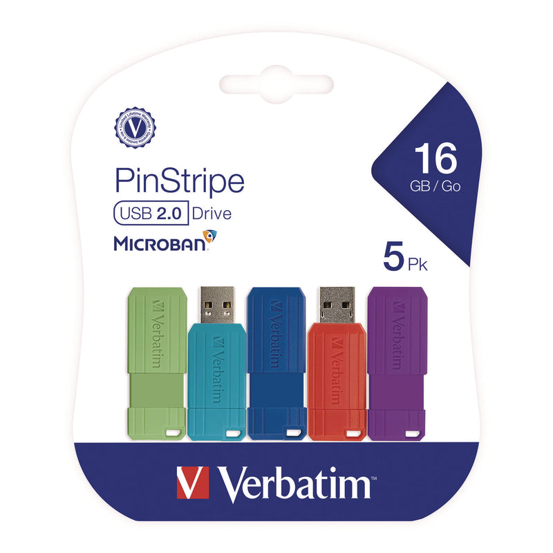 Verbatim® PinStripe USB 2.0 Flash Drive, 16 GB, Assorted Colors, 5/Pack (VER99813) Each
