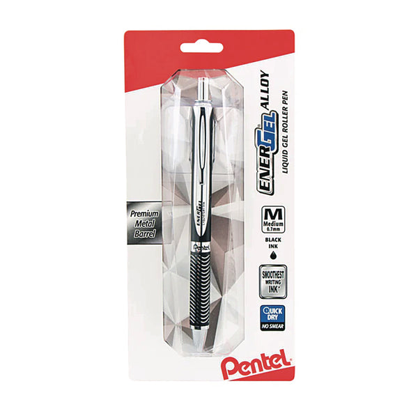 Pentel® EnerGel Alloy RT Gel Pen, Retractable, Medium 0.7 mm, Black Ink, Black/Aluminum Barrel (PENBL407ABPA) Each