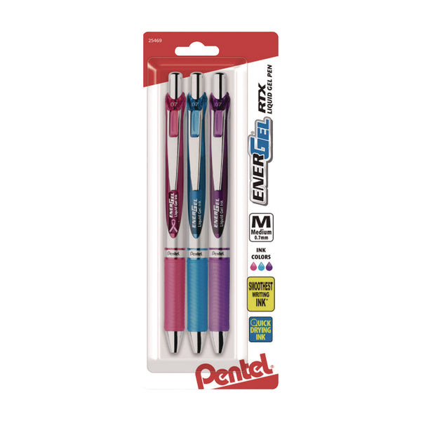 Pentel® EnerGel RTX Gel Pen, Retractable, Medium 0.7 mm, Assorted Pastel Ink and Barrel Colors, 3/Pack (PENBL77BP3M1) Pack of 3