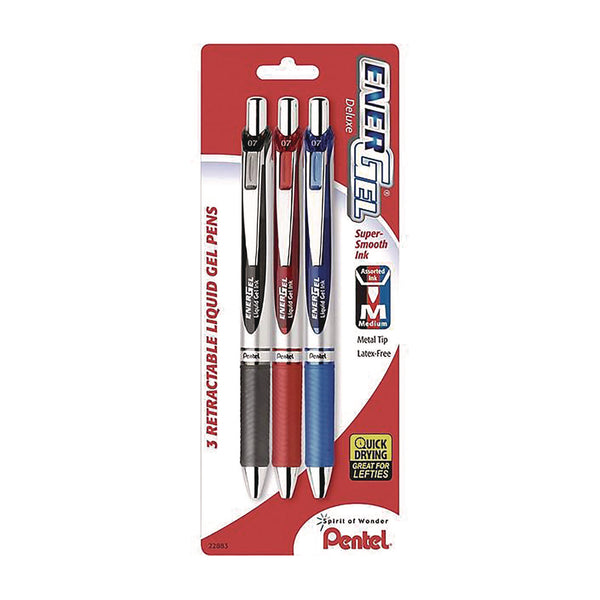 Pentel® EnerGel RTX Deluxe Gel Pen, Retractable, Medium 0.7 mm, Assorted Ink and Barrel Colors, 3/Pack (PENBL77BP3M) Pack of 3