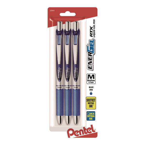 Pentel® EnerGel RTX Gel Pen, Retractable, Medium 0.7 mm, Blue Ink, Blue/Silver Barrel, 3/Pack (PENBL77BP3C) Pack of 3