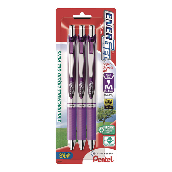 Pentel® EnerGel RTX Deluxe Gel Pen, Retractable, Medium 0.7 mm, Purple Ink, Purple/Silver Barrel, 3/Pack (PENBL77BP3V) Pack of 3