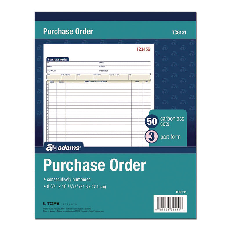 Adams Business Forms Multipart Purchase Order Pad, Three-Part Carbonless, 8.38 x 10.19, 50 Forms Total (ABFTC8131) Each