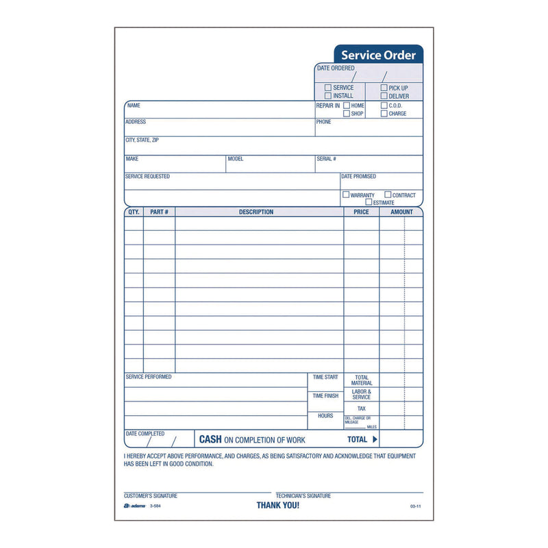 Adams® Work Order Form, Three-Part Carbonless, 5.66 x 9, 250 Sets/Pack (ABF3584) Pack of 250