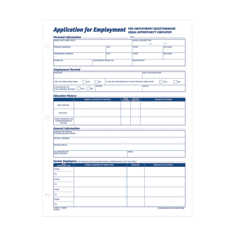 Adams Business Forms Employment Applications, One-Part (No Copies), 11 x 8.38, 50 Forms/Pad, 2 Pads/Pack (ABF9661) Pack of 2