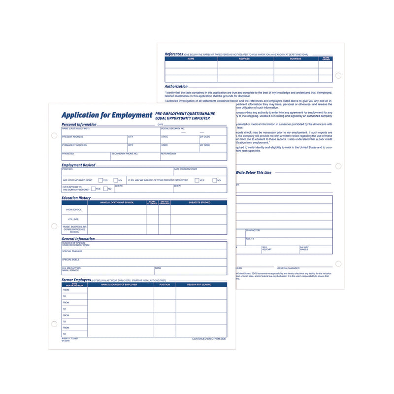 Adams Business Forms Employment Applications, One-Part (No Copies), 11 x 8.38, 50 Forms/Pad, 2 Pads/Pack (ABF9661) Pack of 2