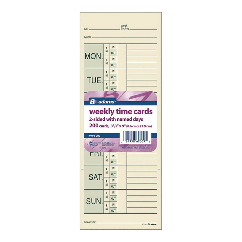 Adams Business Forms Time Cards for Pyramid 1000 Time Clock, Two Sides, 3.38" x 9", 200/Pack (ABF9791200) Pack of 200