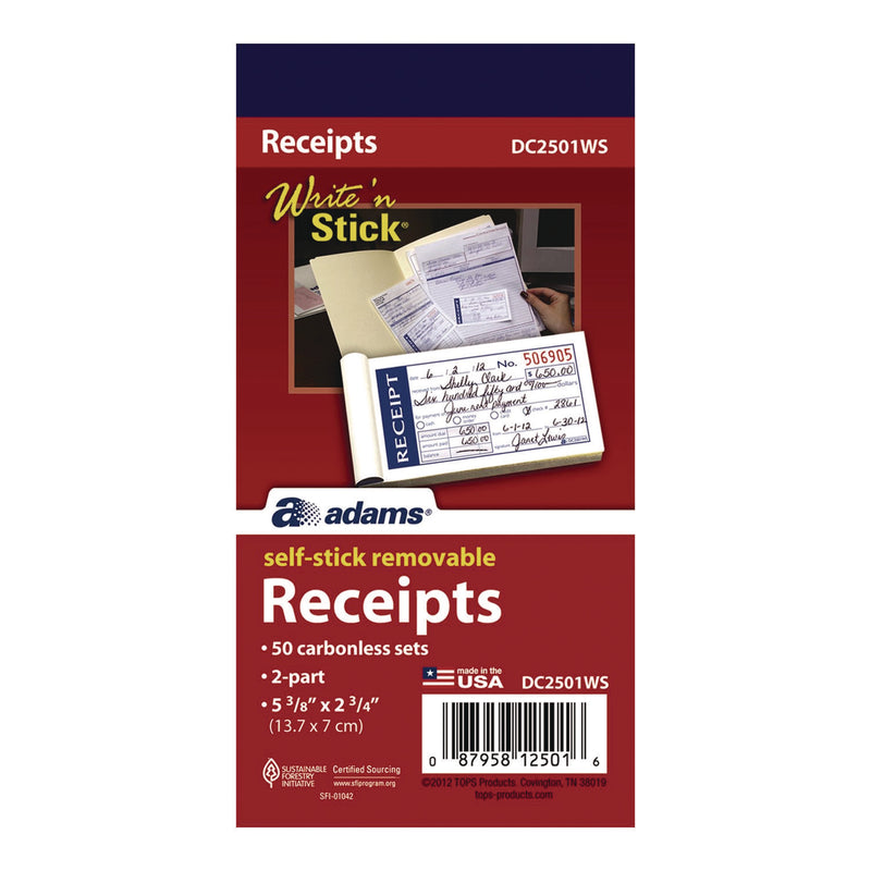 Adams Business Forms Write 'n Stick Receipt Book, Two-Part Carbonless, 4.88 x 2.75, 50 Forms Total (ABFDC2501WS) Each