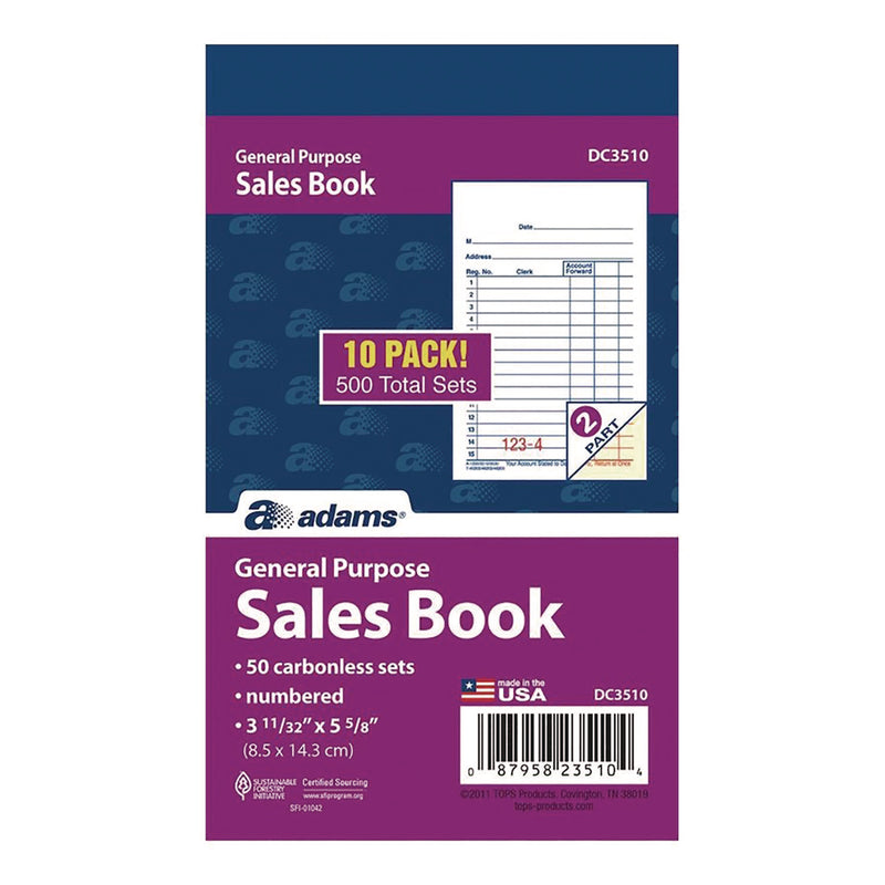 Adams® Multipart General-Purpose Sales Pad, Two-Part Carbonless, 3.34 x 5.13, 50 Forms/Pad, 10 Pads/Pack (ABFDC3510) Pack of 10