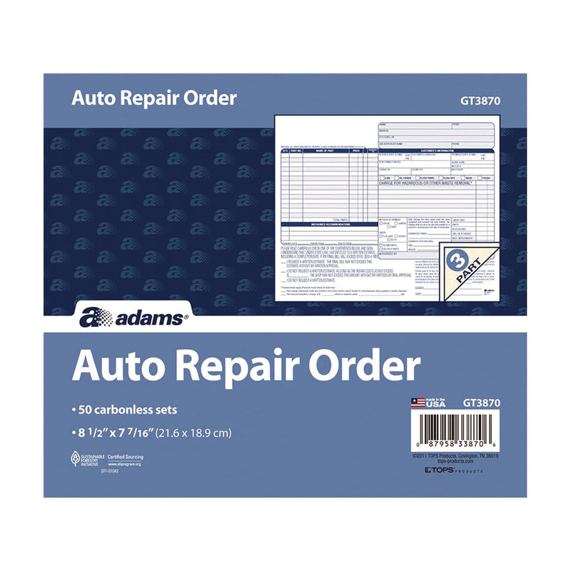 Adams Business Forms Multipart Auto Repair Work Order Forms, Three-Part Carbonless, 8.5 x 6.94, 50 Forms Total (ABFGT3870) Pack of 50