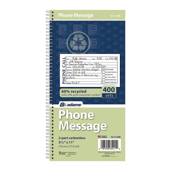 Adams Business Forms Wirebound Telephone Message Book, Two-Part Carbonless, 4.75 x 2.75, 4 Forms/Sheet, 400 Forms Total (ABFSC1154R) Each