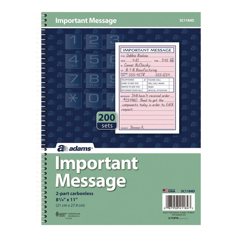 Adams Business Forms Important Message Book, Two-Part Carbonless, 4 Forms/Sheet, 200 Forms Total (ABFSC1184D) Each