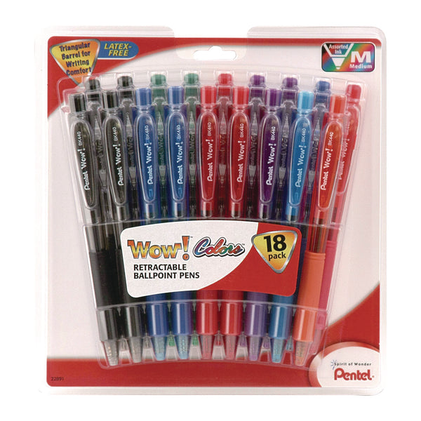 Pentel® WOW! Ballpoint Pen, Retractable, Medium 1 mm, Assorted Ink and Barrel Colors, 18/Pack (PENBK440BP18M) Pack of 18