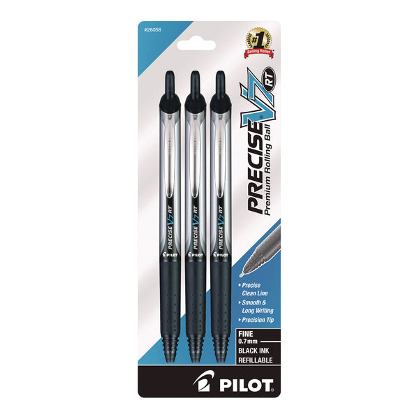 Pilot® Precise V7RT Rollerball Pen, Retractable, Fine 0.7 mm, Black Ink, Black Barrel, 3/Pack (PIL26058) Pack of 3