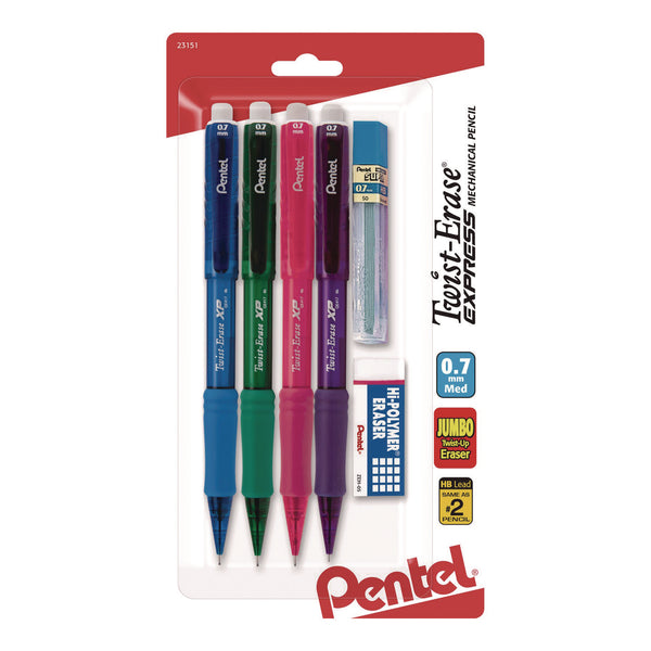 Pentel® Twist Erase EXPRESS Mechanical Pencil, 0.7 mm, HB (#2), Black Lead, Assorted Color Barrels, 4/Pack (PENQE417FLZBP4) Each