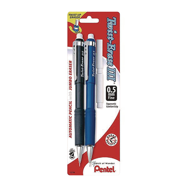 Twist-Erase III Mechanical Pencil, 0.5 mm, HB (#2), Black Lead, Black/Blue Barrel, 2/Pack (PENQE515BPK6) Each