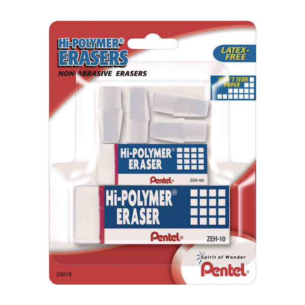 Hi-Polymer Eraser Assortment, (4) Pencil Caps/(1) Large Block/(1) Small Block, White, 6/Pack (PENZEH2510BP) Pack of 6