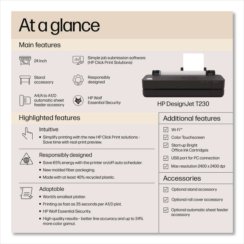 HP DesignJet T230 Large-Format Compact Wireless Plotter Printer (HEW5HB07T) Each