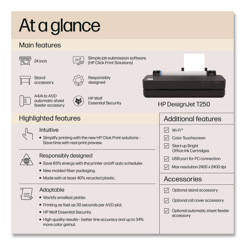 HP DesignJet T250 24" Large-Format Compact Wireless Plotter Printer (HEW5HB06T) Each
