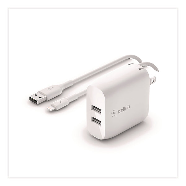 Belkin® BOOST CHARGE Dual USB-A Wall Charger + Lightning to USB-A Cable, White (BLKWCD001DQ1MWH) Each