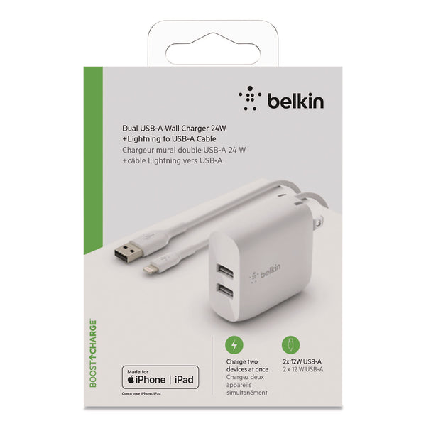 Belkin® BOOST CHARGE Dual USB-A Wall Charger + Lightning to USB-A Cable, White (BLKWCD001DQ1MWH) Each