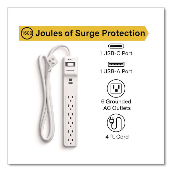 NXT Technologies™ 6-Outlet Plus USB Surge Protector, 6 AC Outlets/2 USB Outlets, 4 ft Cord, 1,500 J, White (NXTNX61426) Each