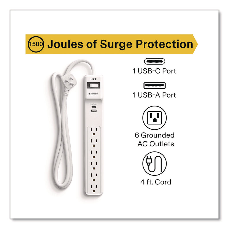 NXT Technologies™ 6-Outlet Plus USB Surge Protector, 6 AC Outlets/2 USB Outlets, 4 ft Cord, 1,500 J, White (NXTNX61426) Each