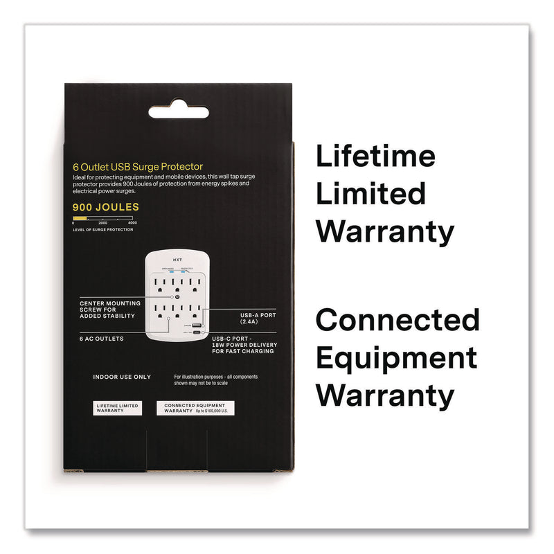 NXT Technologies™ 6-Outlet Plus USB Outlet Surge Protector, 6 AC Outlets/2 USB Outlets, 900 J, White (NXTNX61427) Each