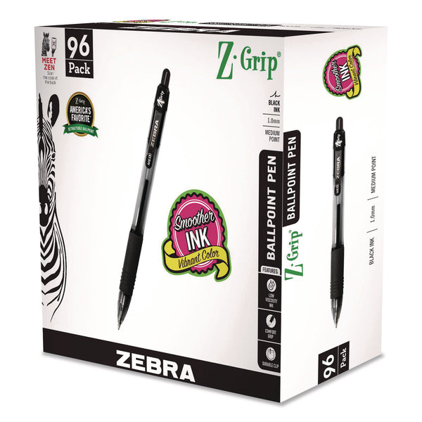 Zebra® Z-Grip Ballpoint Pen, Retractable, Medium, 1 mm, Black Ink, Clear/Black Barrel, 96/Pack (ZEB22196) Pack of 96