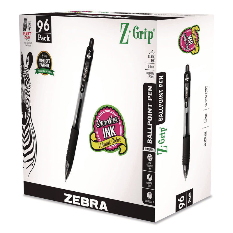 Zebra® Z-Grip Ballpoint Pen, Retractable, Medium, 1 mm, Black Ink, Clear/Black Barrel, 96/Pack (ZEB22196) Pack of 96
