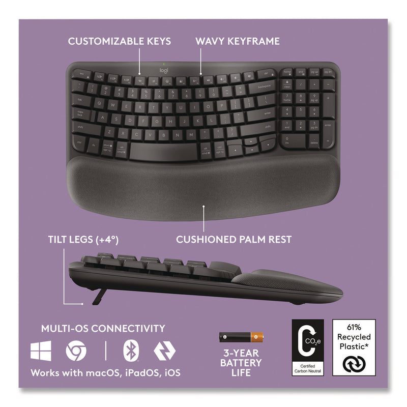 Logitech® Wave MK670 Wireless Ergonomic Keyboard and Signature M550L Mouse Combo, 2.4 GHz, Frequency/33 ft Wireless Range, Graphite (LOG920012059) Each