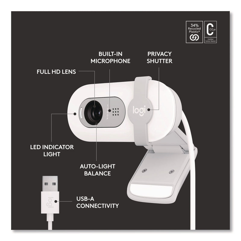 Logitech® BRIO 100 Webcam, 1920 pixels x 1080 pixels, 2 Mpixel, Off-White (LOG960001616) Each