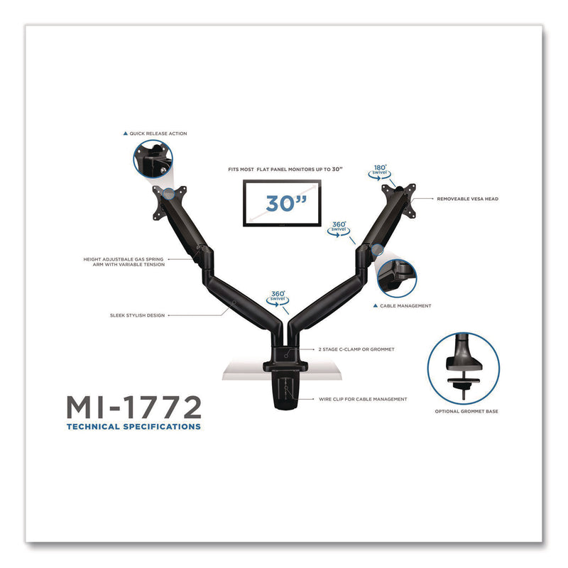 MOUNT-IT! Dual Monitor Gas-Spring Mounting Arm, For 13" to 32" Monitors, 360 Degree Rotation, +/-45 Degree Tilt, Black, Supports 20 lb (MNIMI1772BLACK) Each